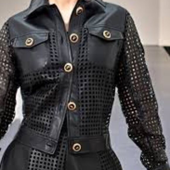 T80145 Black Gold Button Cut Out VEGAN Jacket by Nancy WANG